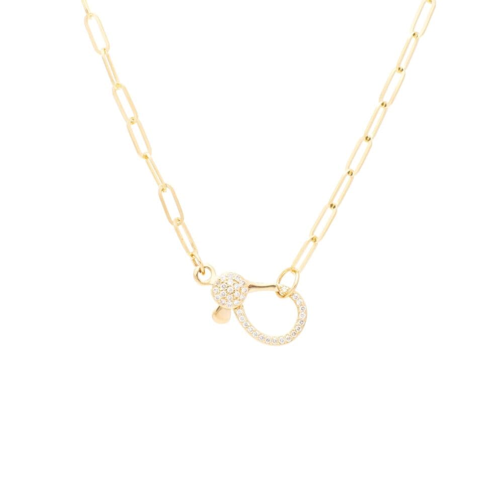 Diamond 2-Sided Lobster Clasp Paper Clip Chain Necklace Yellow Gold