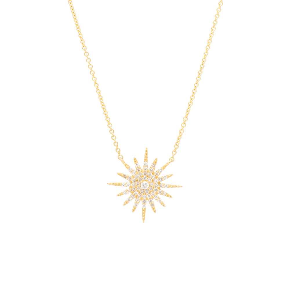 Pave Diamond Center Starburst Necklace Yellow Gold