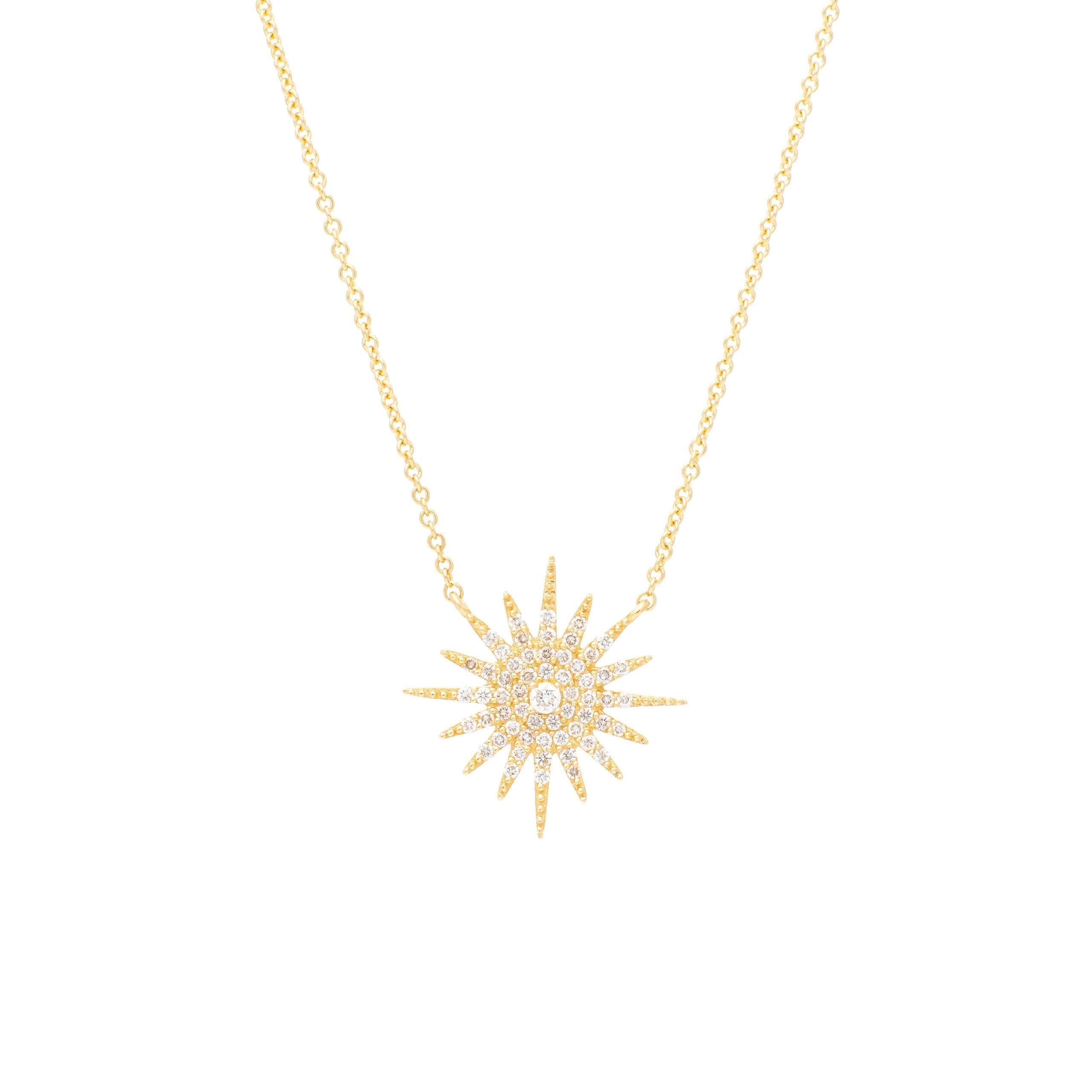 Pave Diamond Center Starburst Necklace Yellow Gold