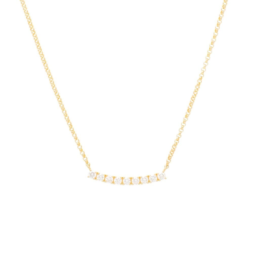 Small Diamond Ball Set Curved Bar Necklace + Diamond Cut Rolo Chain Yellow Gold