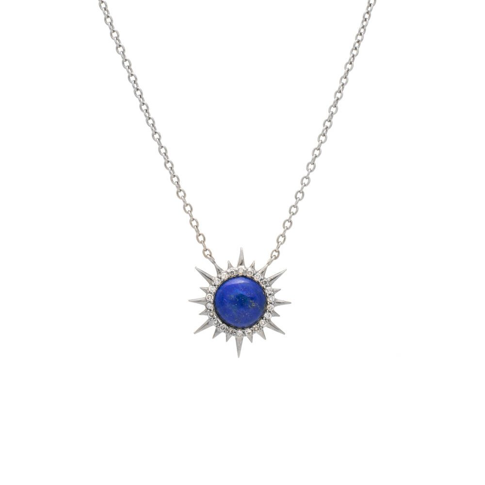 Diamond Lapis Sunburst Necklace Sterling Silver