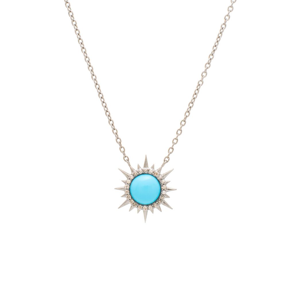 Diamond Turquoise Sunburst Necklace Sterling Silver
