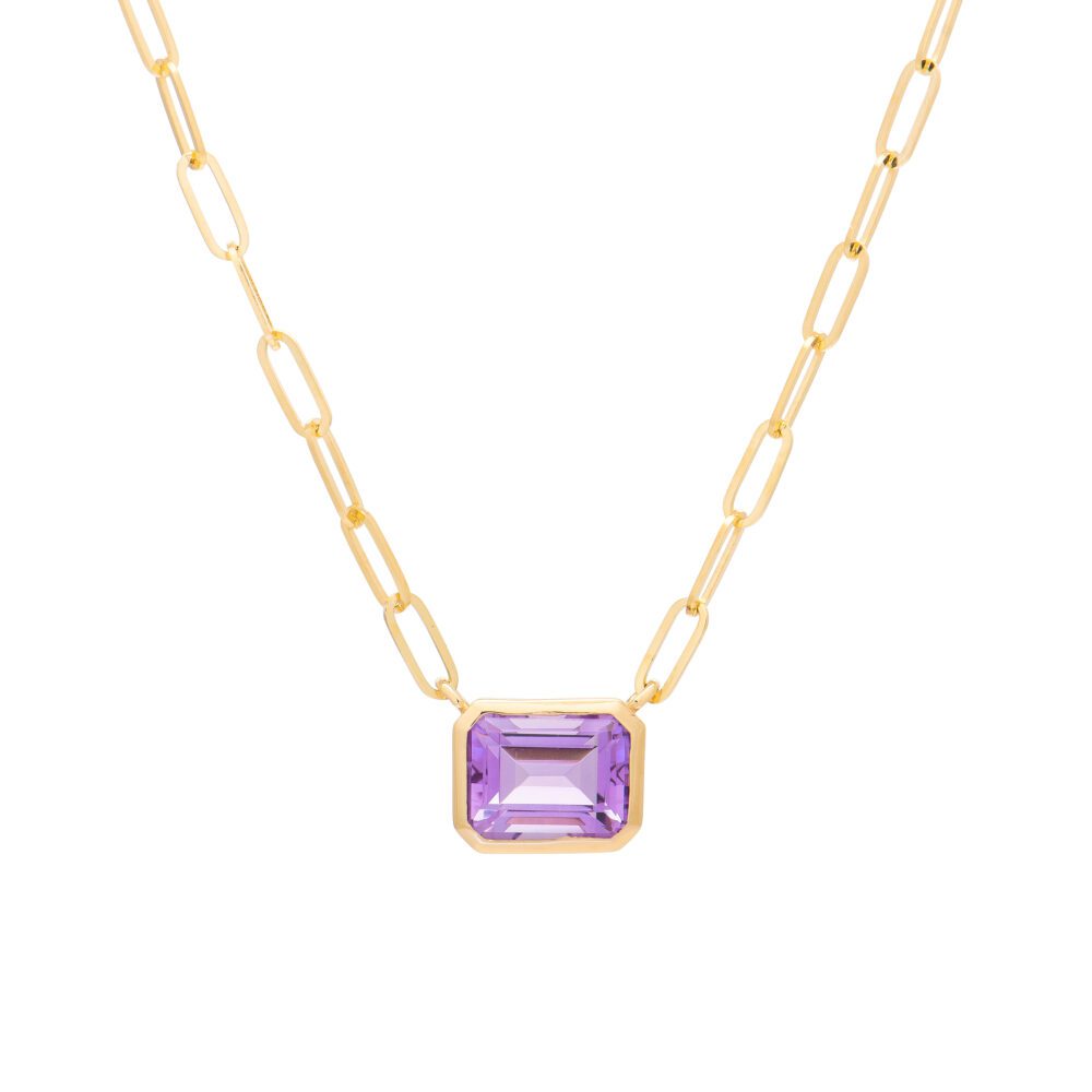 Amethyst Pendant + Mini Link Chain Necklace Yellow Gold