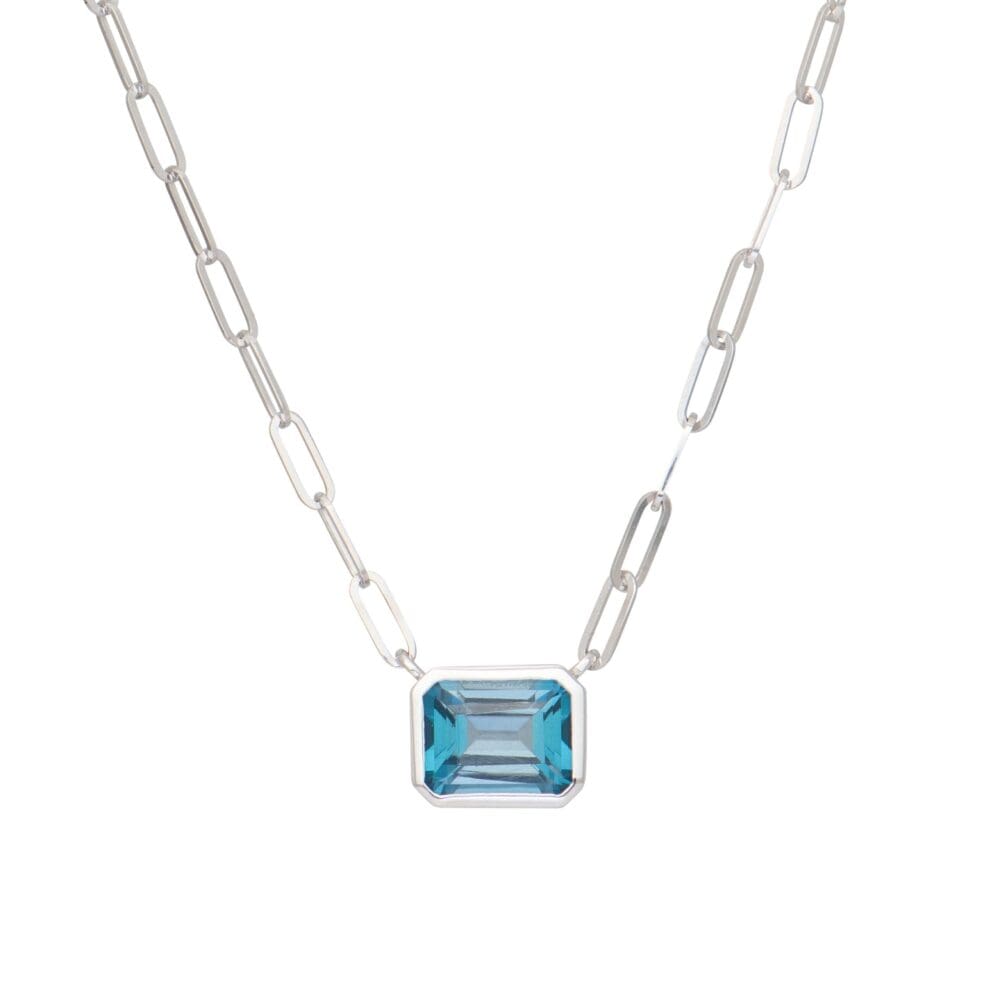 Blue Topaz Pendant + Mini Link Chain Necklace White Gold