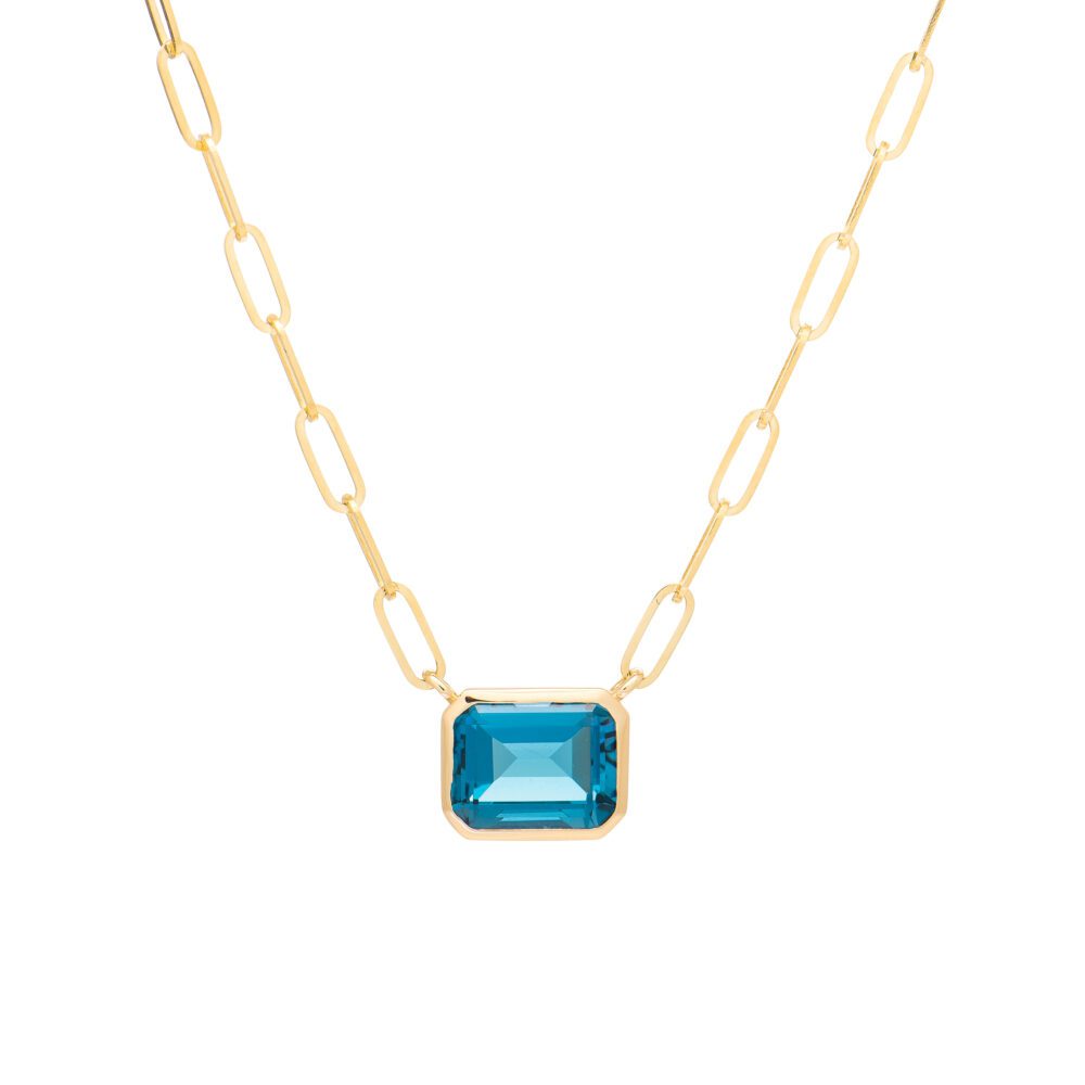 Blue Topaz Pendant + Mini Link Chain Necklace Yellow Gold