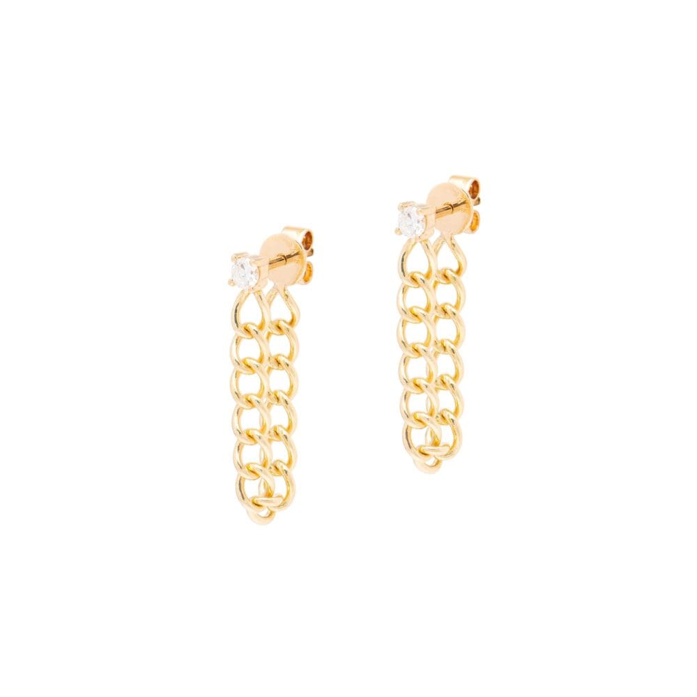 Diamond Stud with Drop Curb Chain Earrings Yellow Gold
