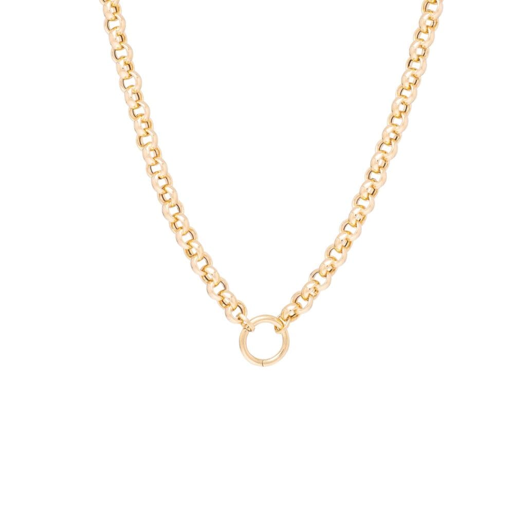 Open Round Clasp Charm Holder + Rolo Link Chain Necklace Yellow Gold