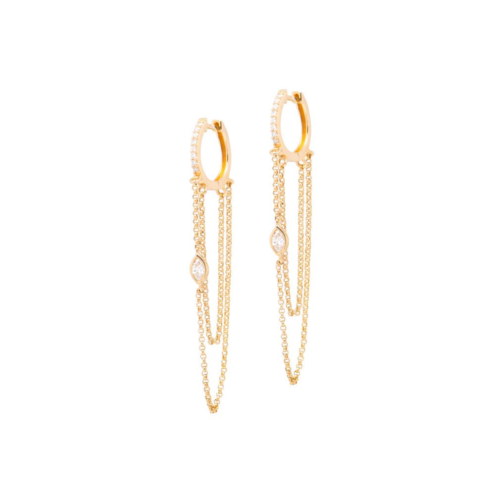 Single Marquise Diamond Huggie Chain Earrings Yellow Gold
