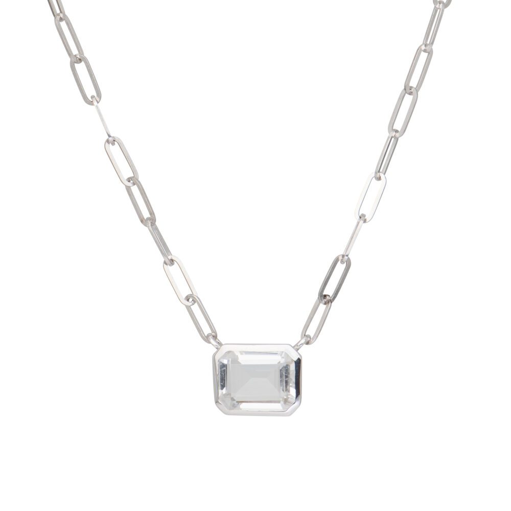 White Topaz Pendant + Mini Link Chain Necklace White Gold