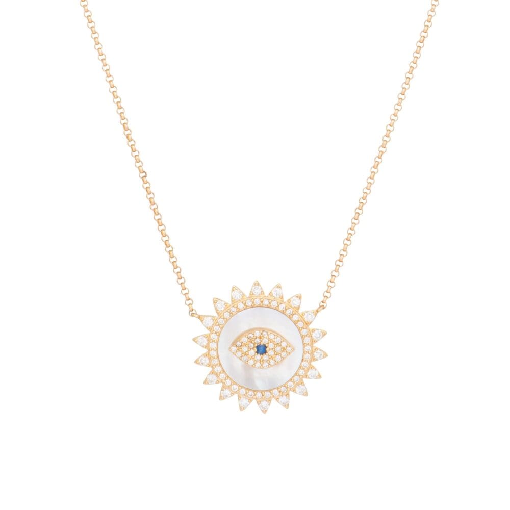 Diamond + Mother-of-Pearl Evil Eye Starburst Necklace Yellow Gold