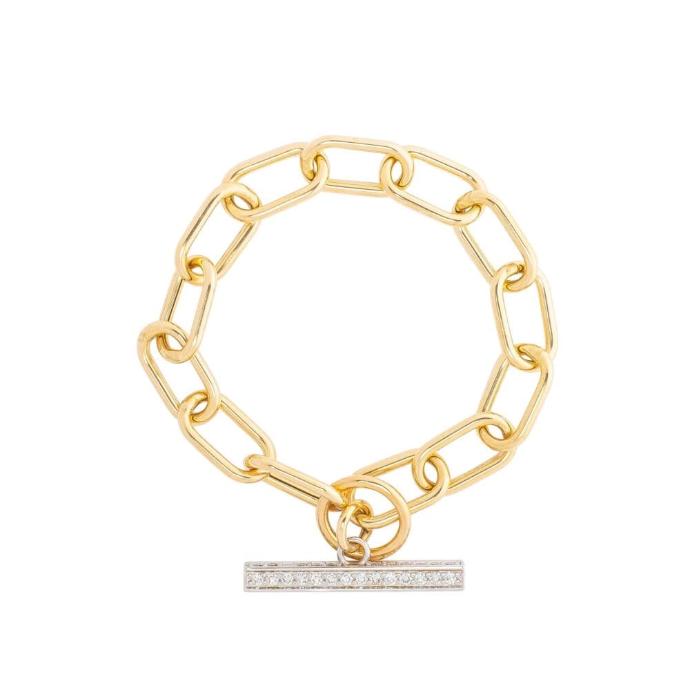 Large Oval Link Chain With 4-Sided Diamond Toggle Bracelet Yellow Gold