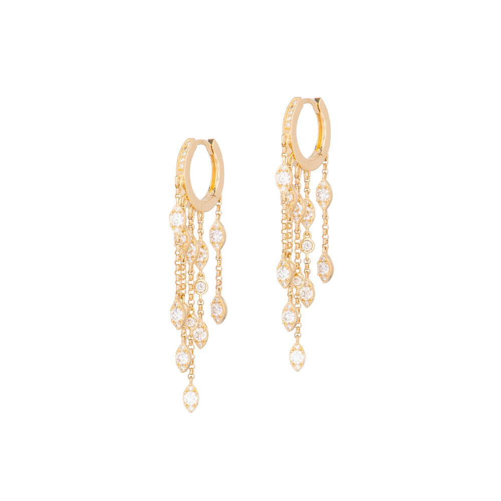 Multi Diamond Huggie Chain Earrings Yellow Gold