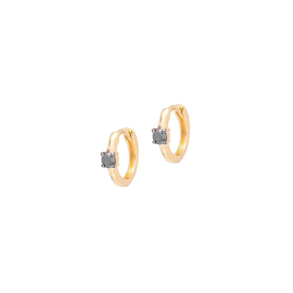 Single Black Diamond Mini Huggie Earrings Yellow Gold