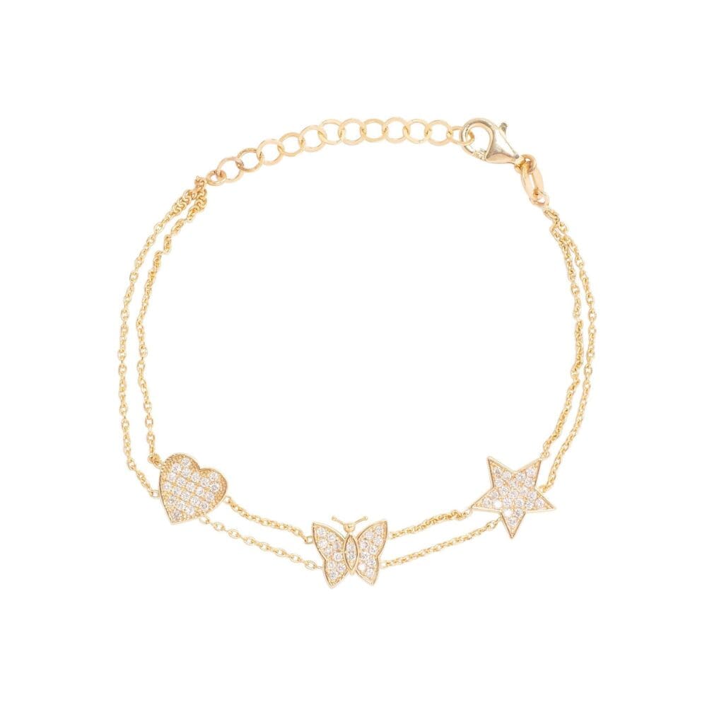 Diamond Heart Butterfly Star Double Chain Bracelet Yellow Gold