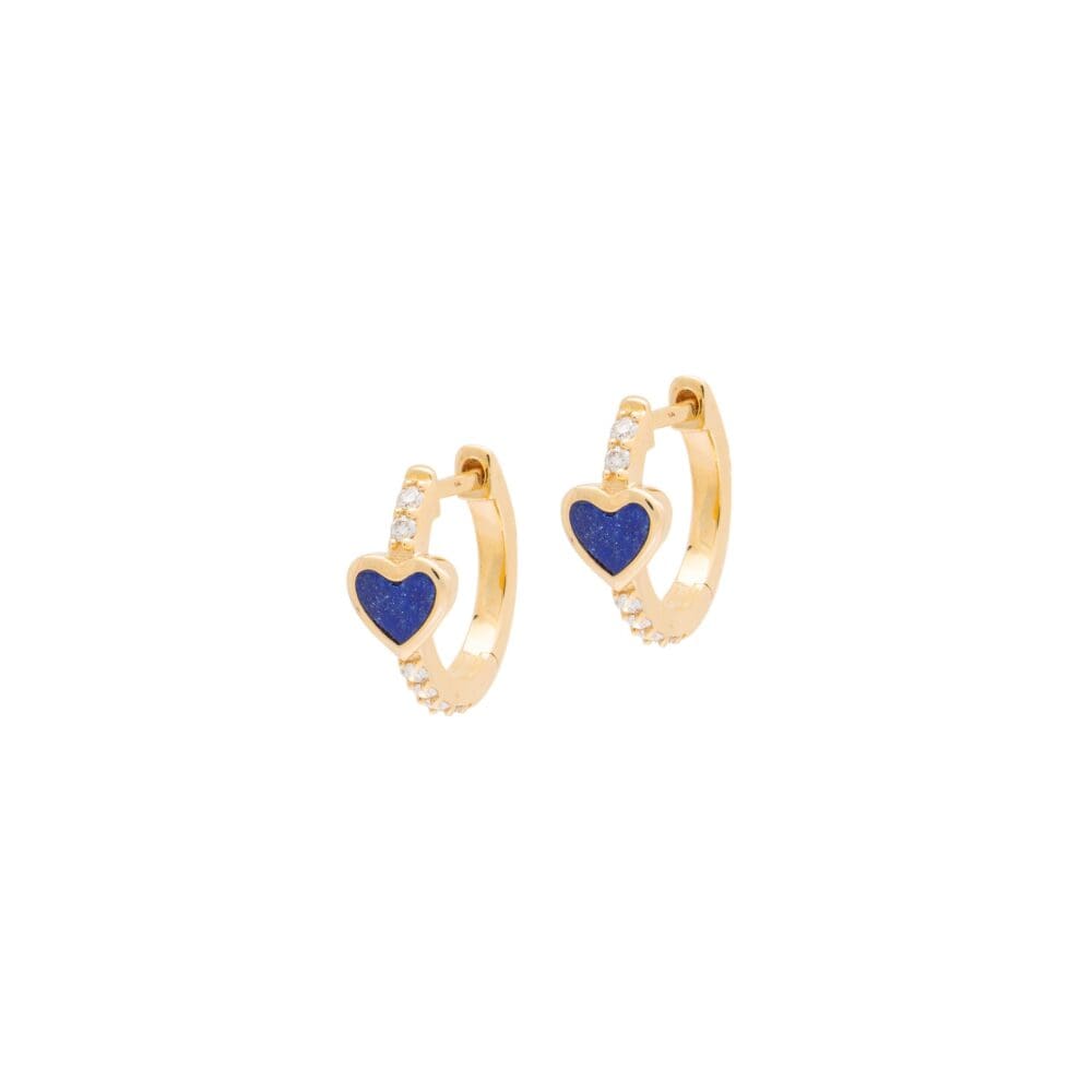 Small Lapis Heart Diamond Huggie Earrings Yellow Gold