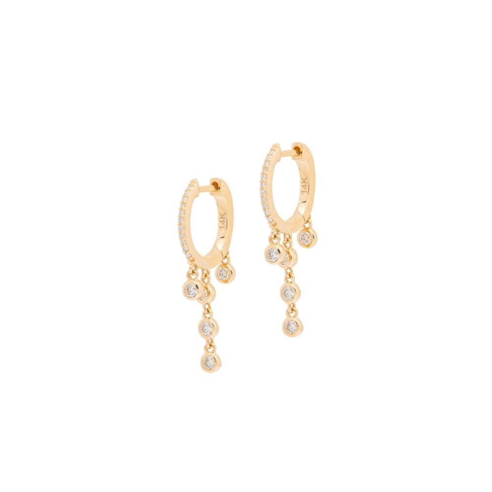 Triple Round Bezel Diamond Huggie Chain Earrings Yellow Gold