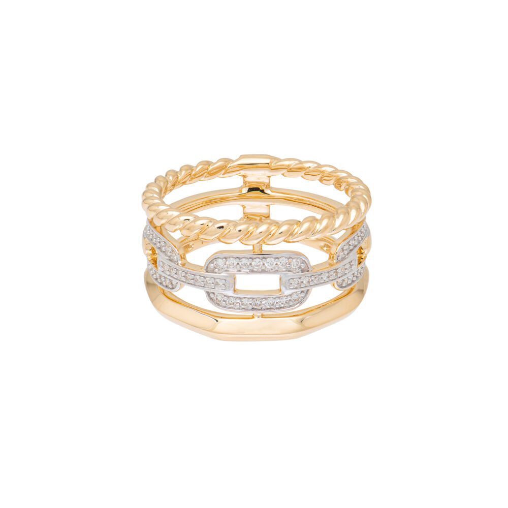 Diamond Link Twist Open Triple Band Yellow and White Gold