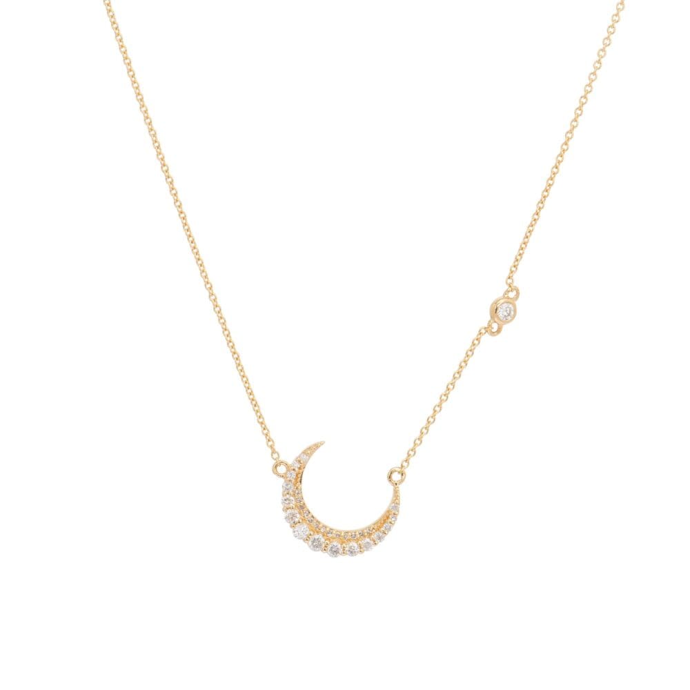 Diamond Crescent Moon with Diamond Bezel Accent Necklace Yellow Gold