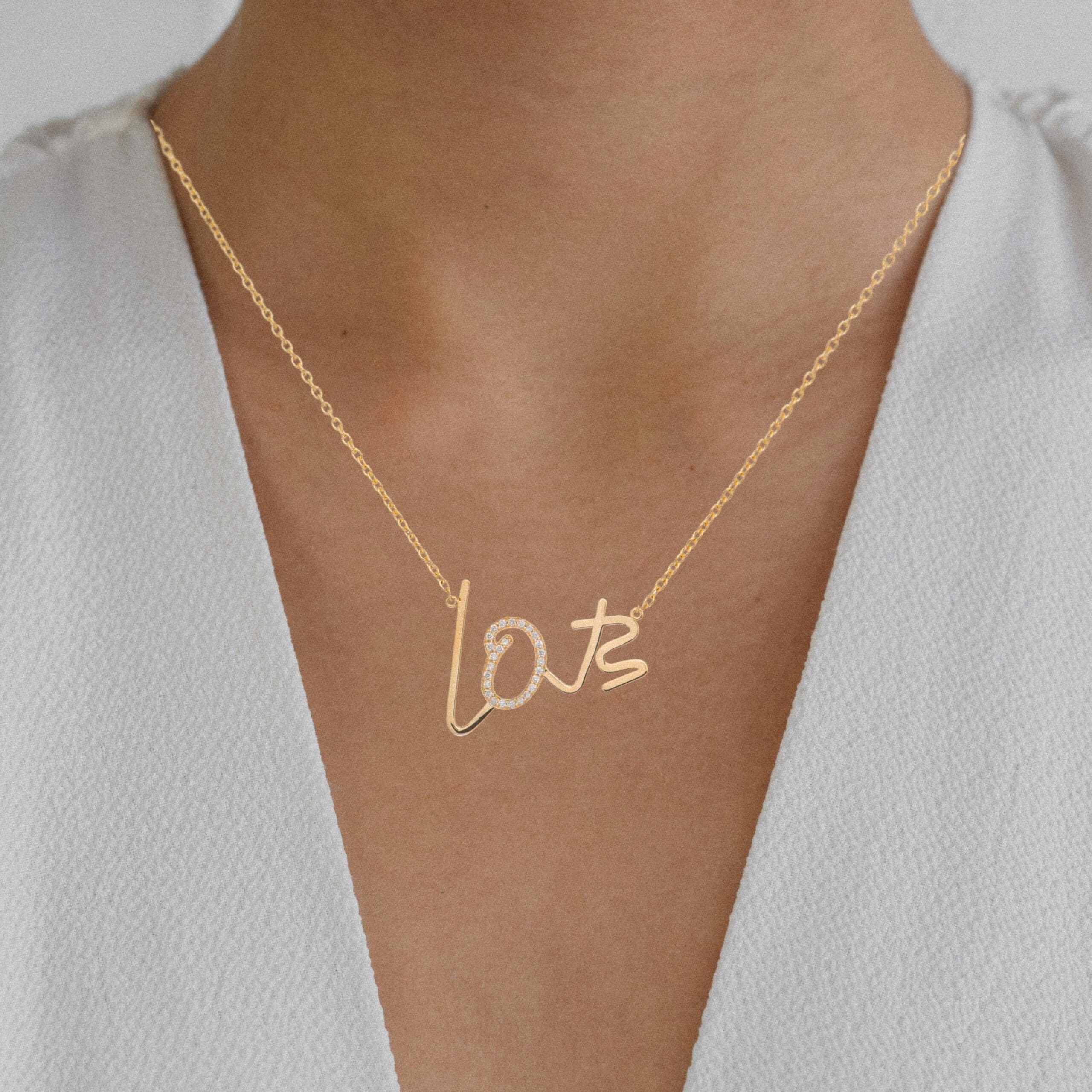 Diamond + Gold Modern Font Love Necklace