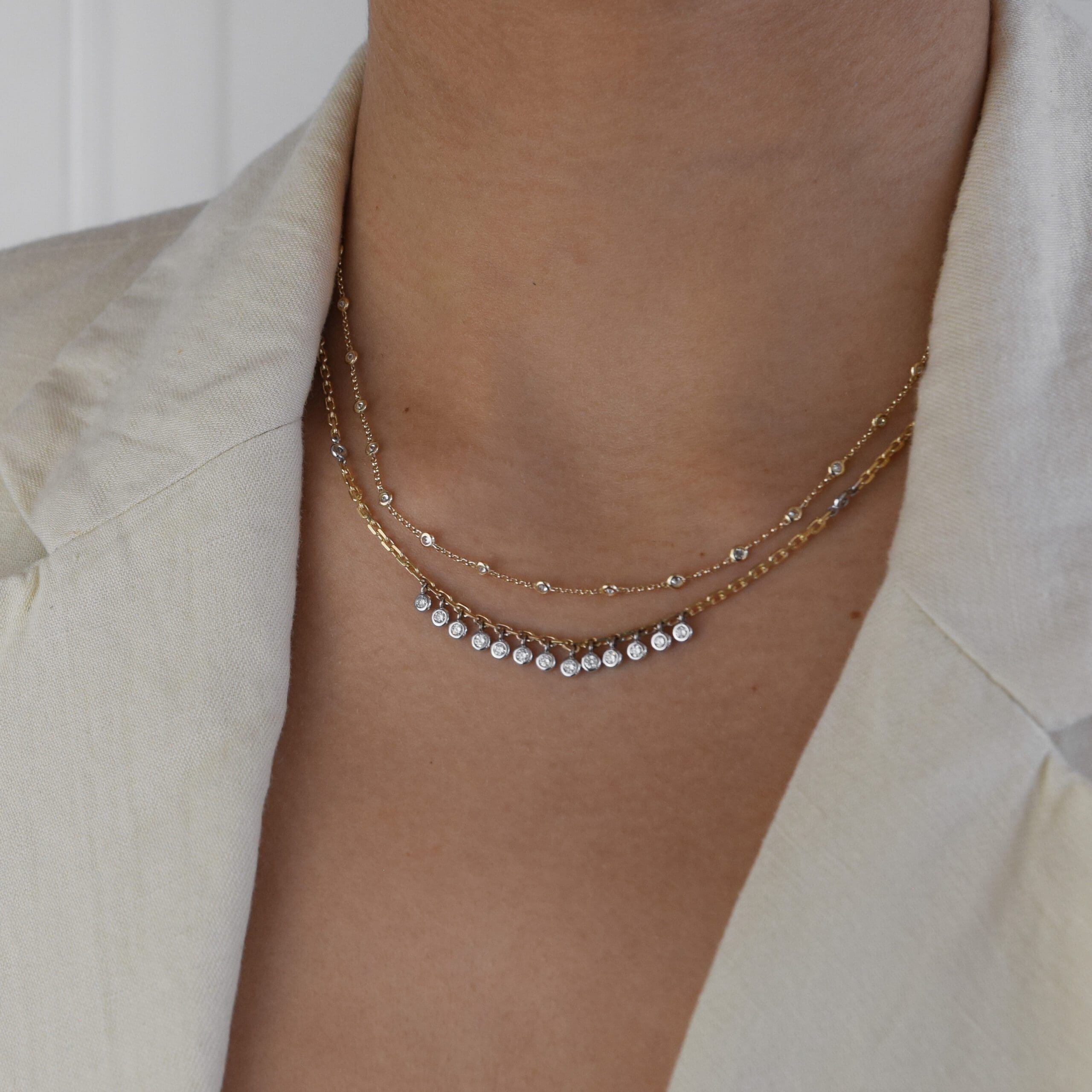 Diamond Multi Round Dangle Necklace + Diamond Bezel Chain