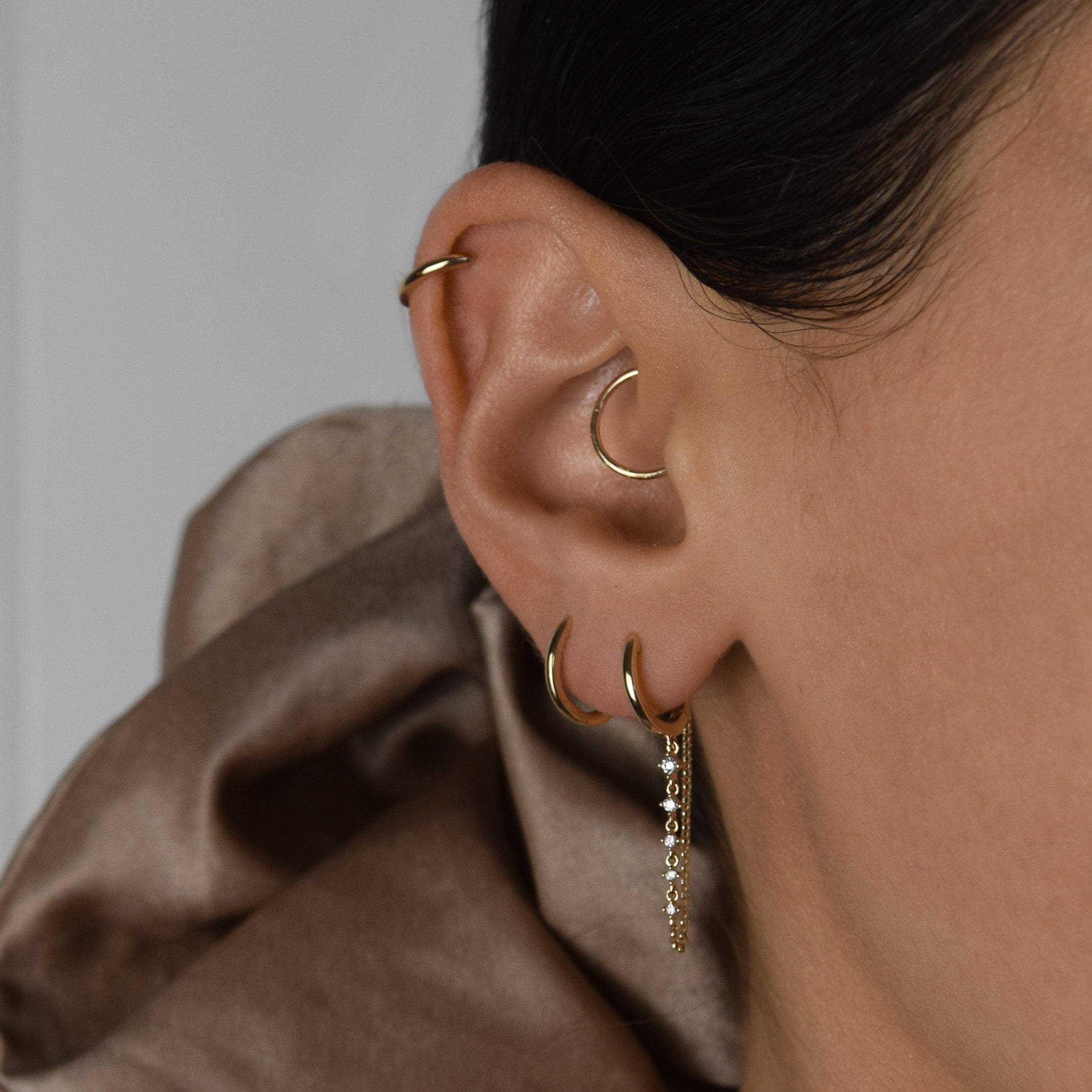 Gold Huggies with Prong Set Diamond Drop Chain Earrings