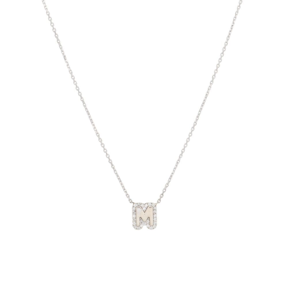 Mini Diamond Bubble Initial Necklace White Gold