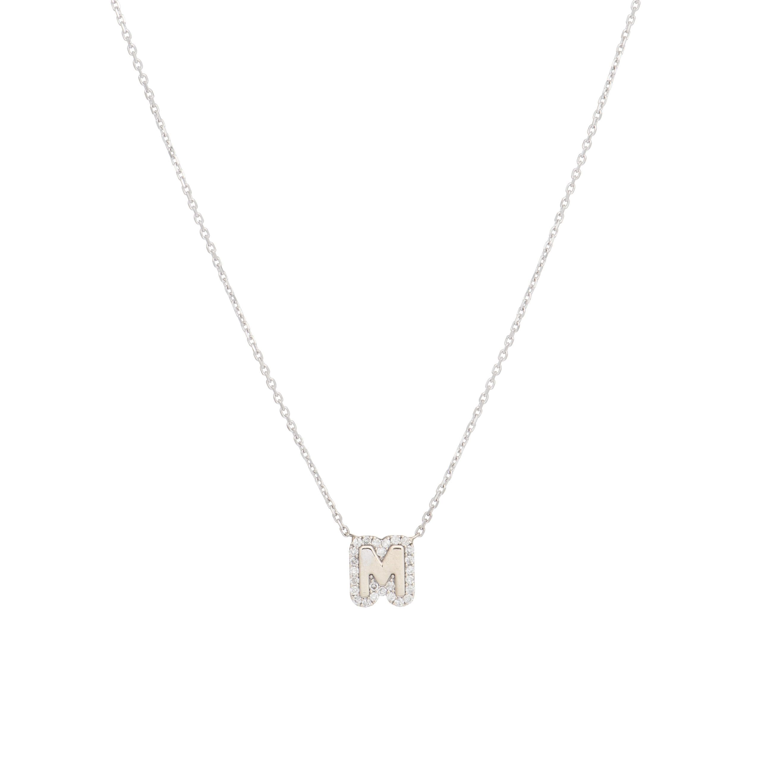 Mini Diamond Bubble Initial Necklace White Gold