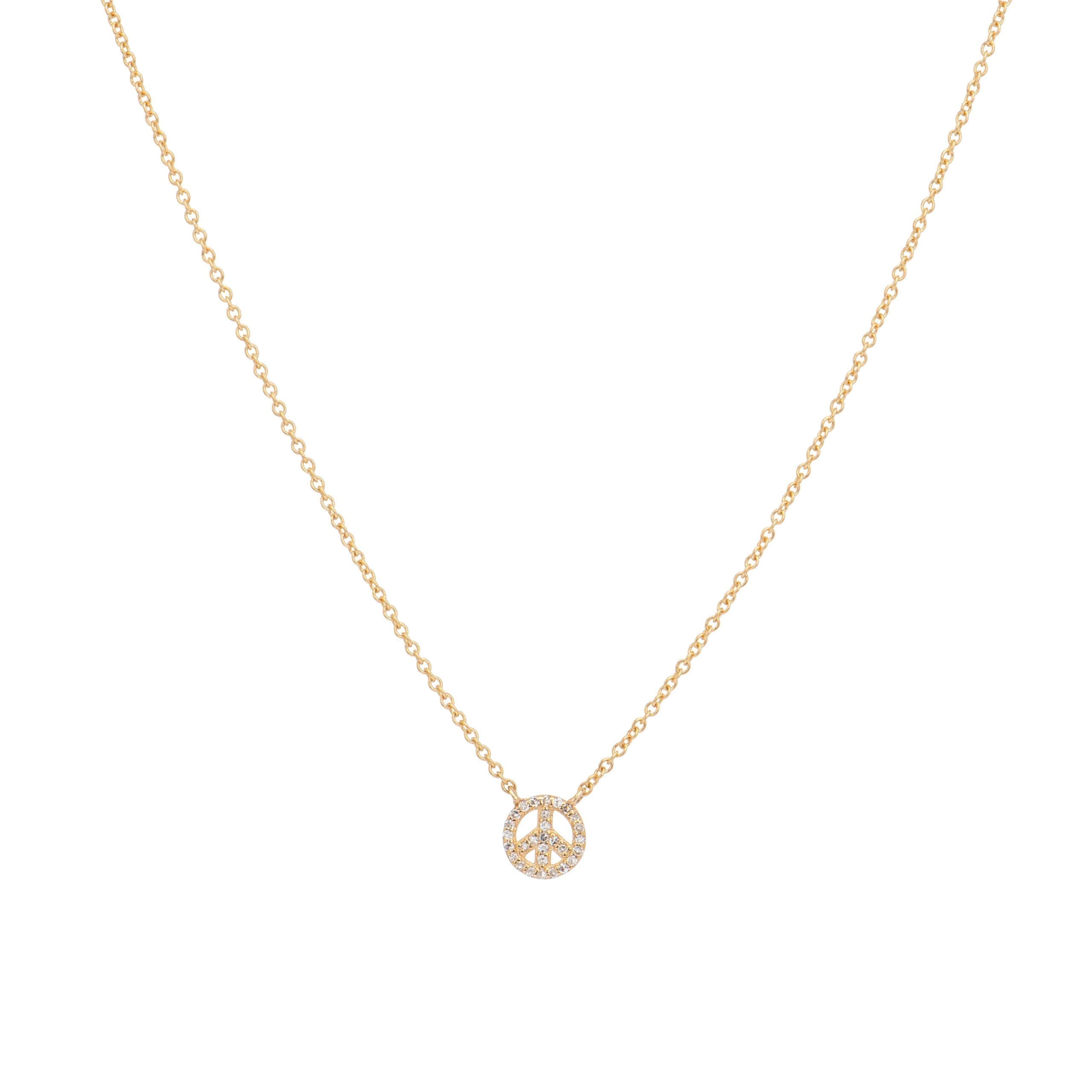 Mini Diamond Peace Sign Necklace Yellow Gold