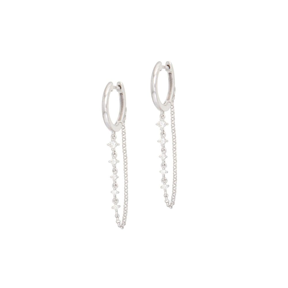 Yellow Gold Huggies with Prong-Set Diamond Drop Chain Earrings White Gold