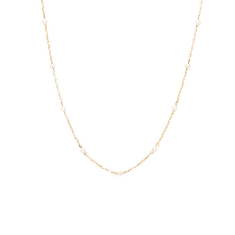 Delicate Pearl Station Necklace Yellow Gold