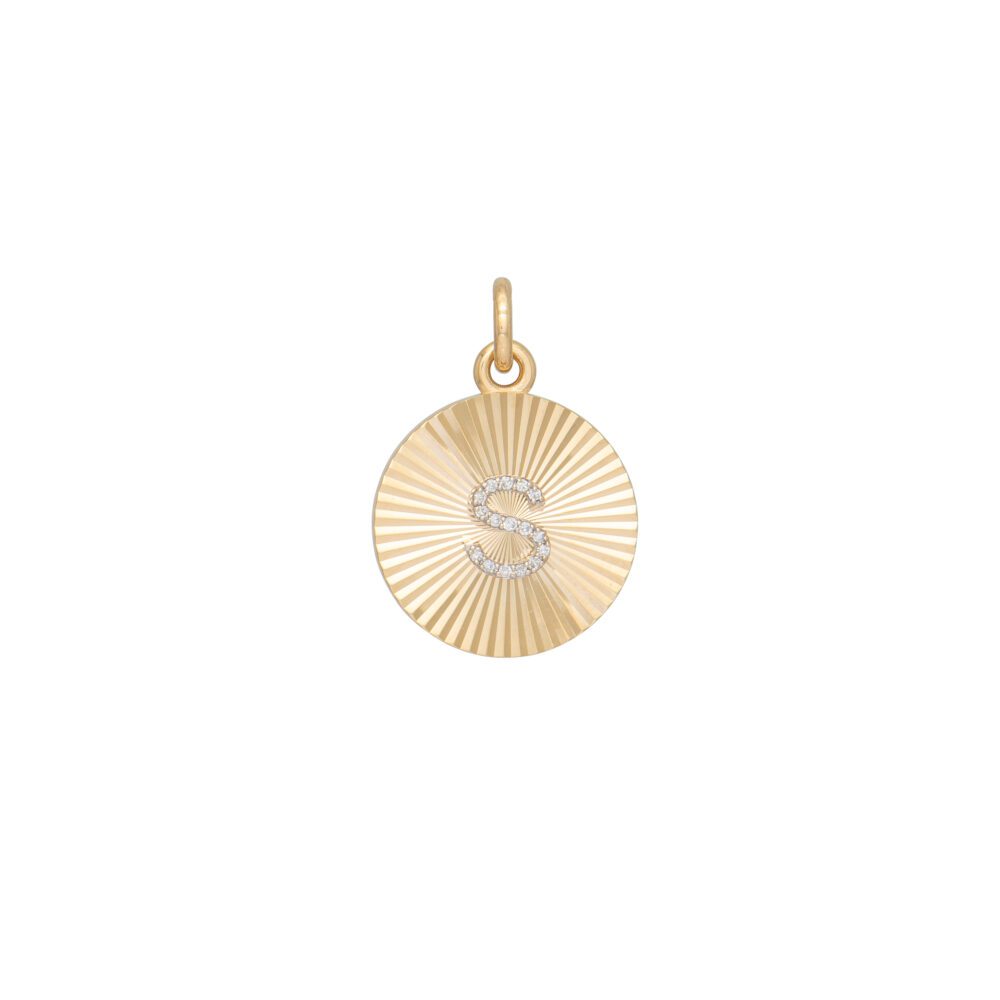 Round Fluted Diamond Initial Charm Yellow Gold