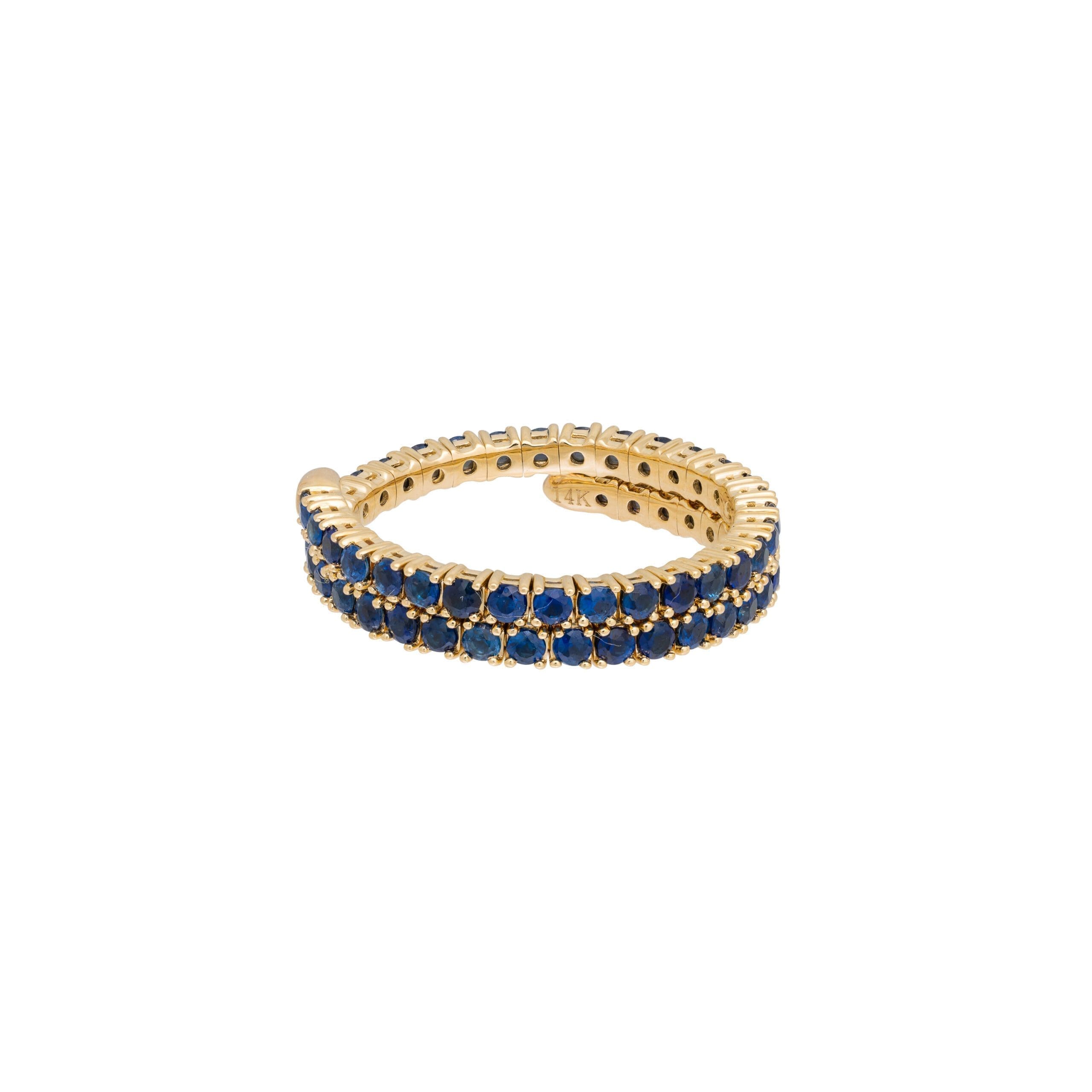 Blue Sapphire Double Swirl Coil Eternity Ring Yellow Gold