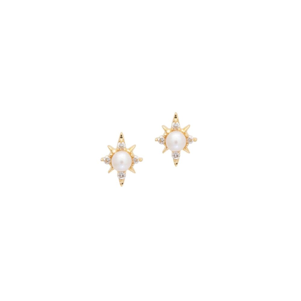 Mini Pearl + Diamond Star Stud Earrings Yellow Gold