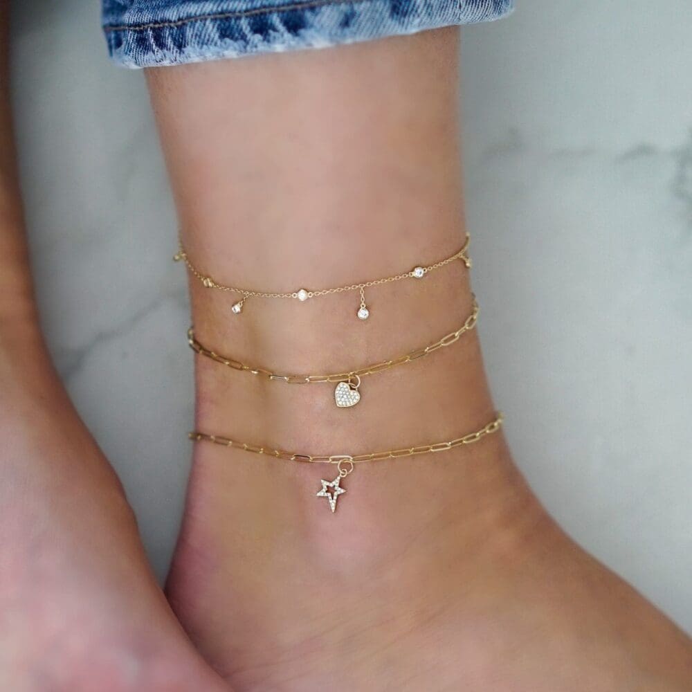 Paperclip + Diamond Heart Charm Anklet