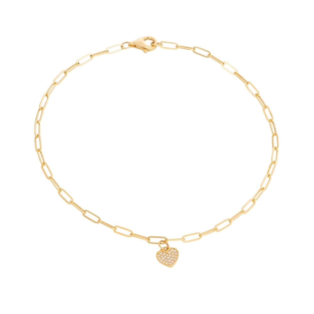 Paperclip + Diamond Heart Charm Anklet Yellow Gold
