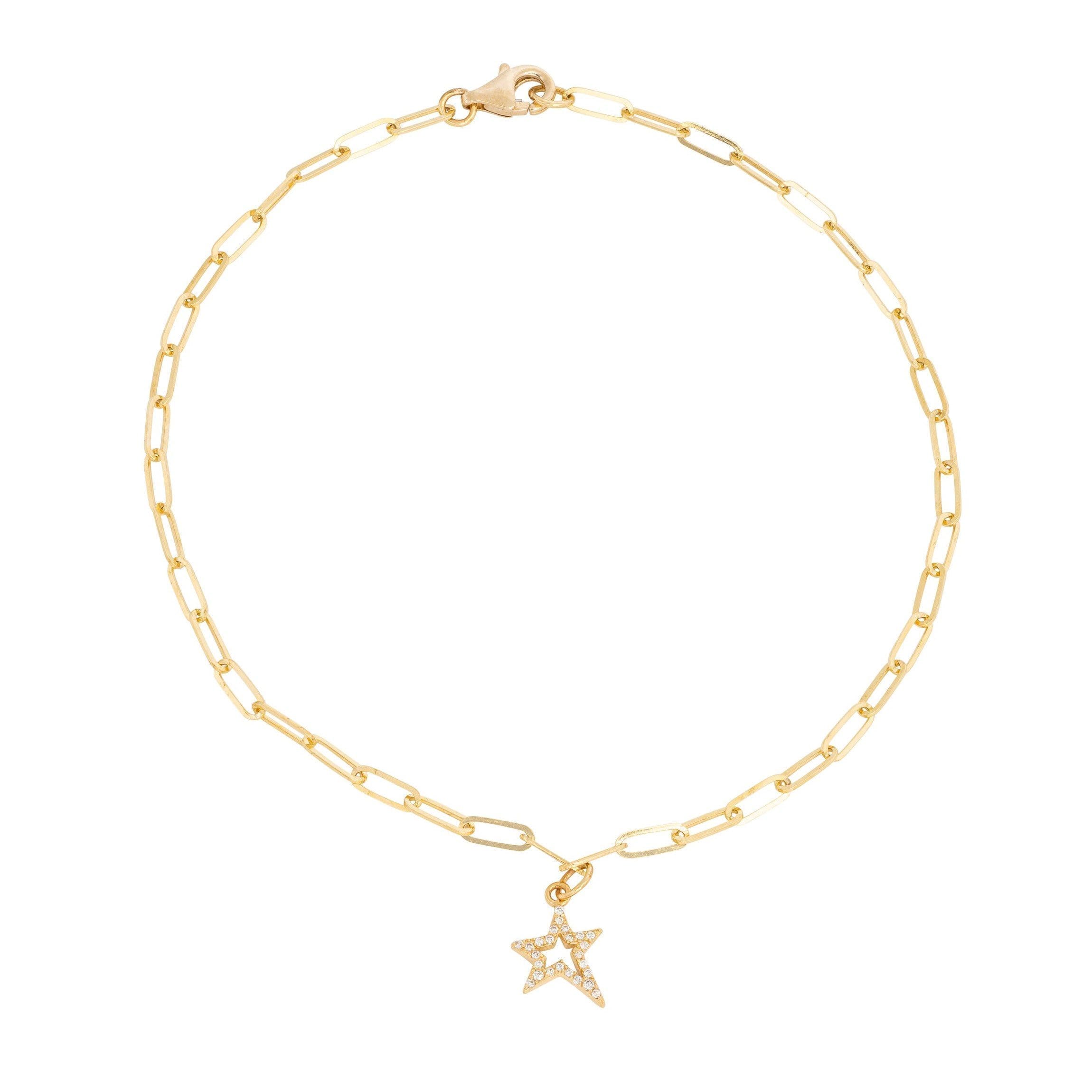 Paperclip + Diamond Star Charm Anklet Yellow Gold