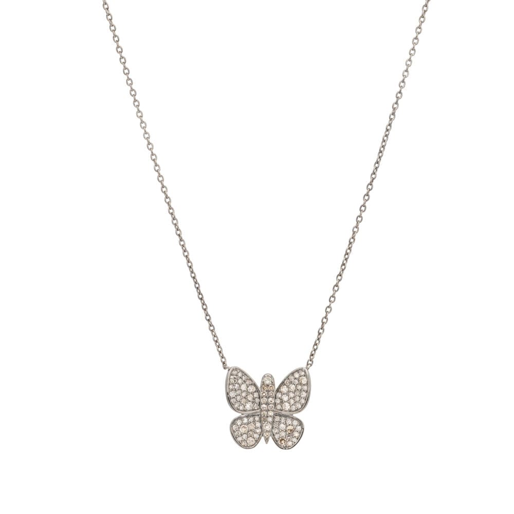 Pave Multi Diamond Butterfly Necklace Sterling Silver