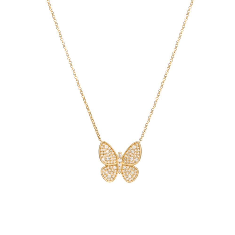 Pave Multi Diamond Butterfly Necklace Yellow Gold