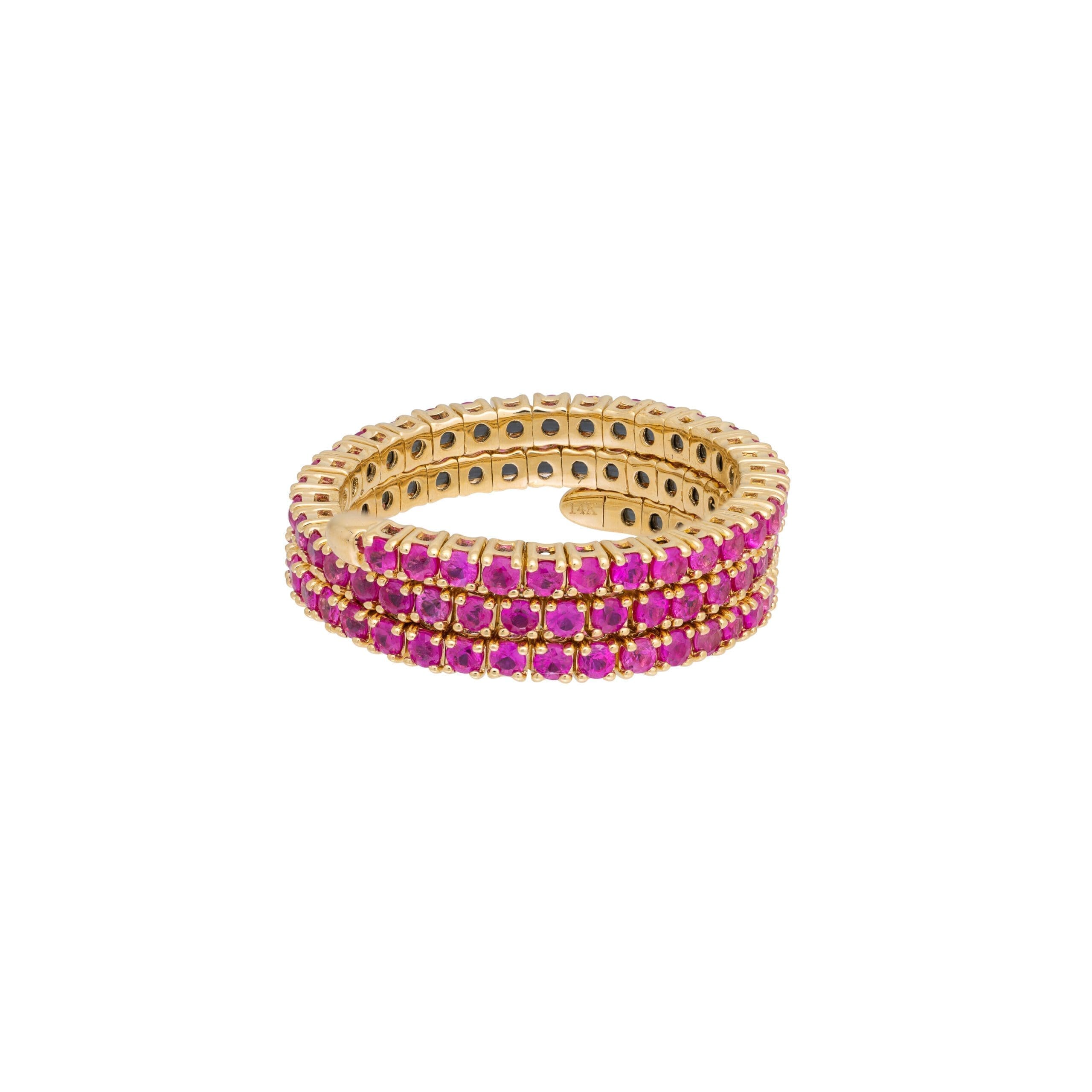 Pink Sapphire Triple Swirl Coil Eternity Ring Yellow Gold