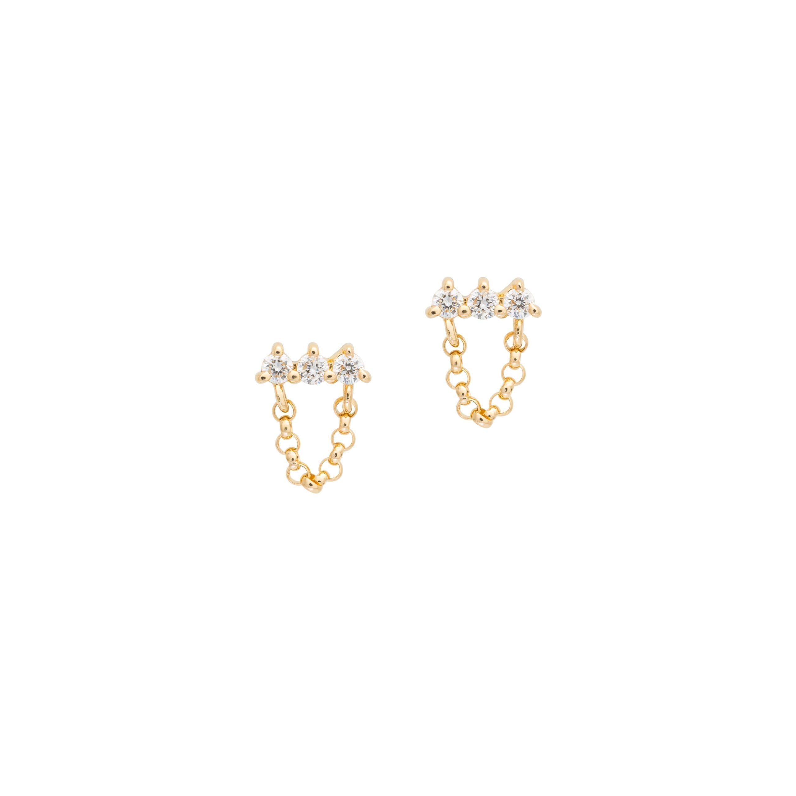 Tiny Triple Diamond + Chain Stud Earrings Yellow Gold