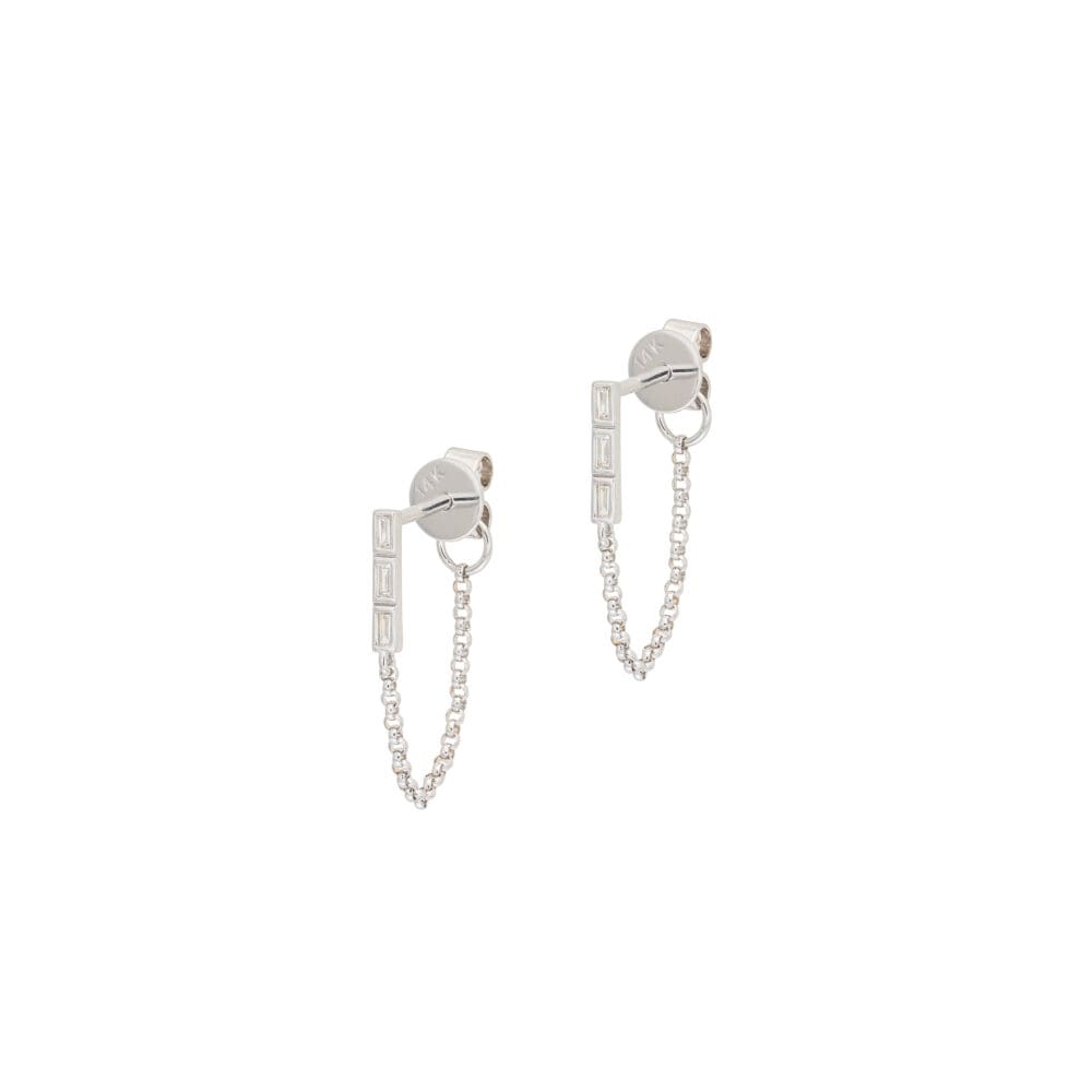 Diamond Baguette Bar + Chain Dangle Earrings White Gold