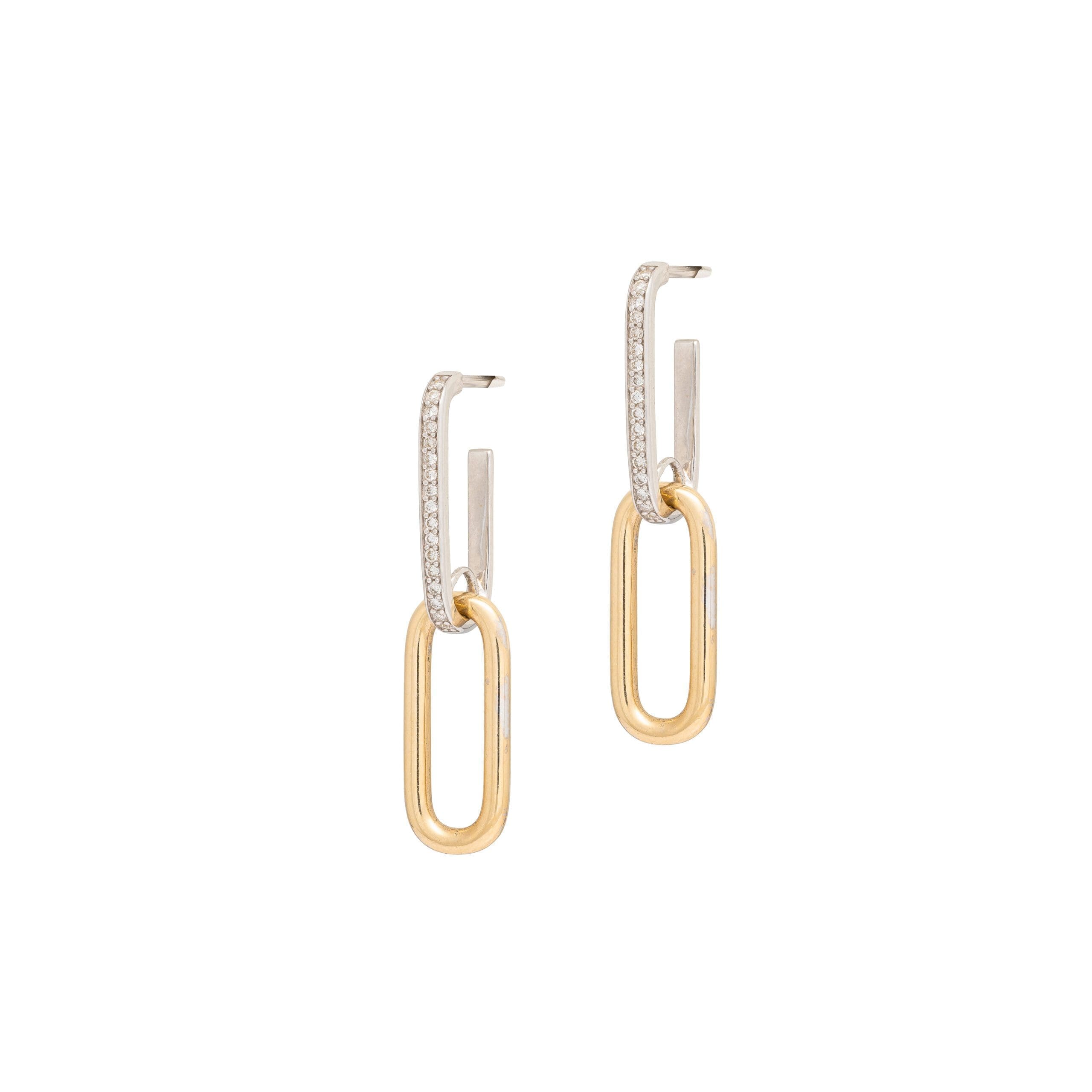 Pave Diamond Paperclip Drop Earrings Yellow and White Gold