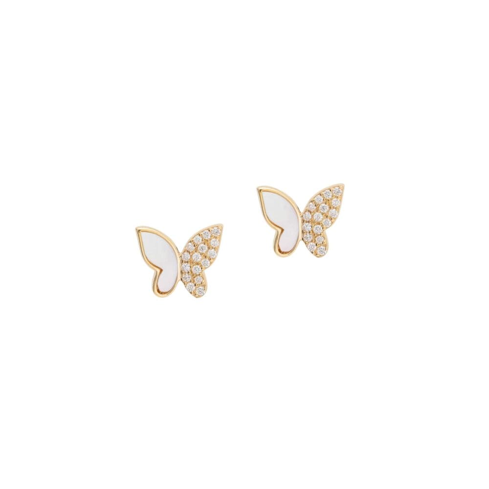 Small Diamond Mother-of-Pearl Butterfly Stud Earrings Yellow Gold
