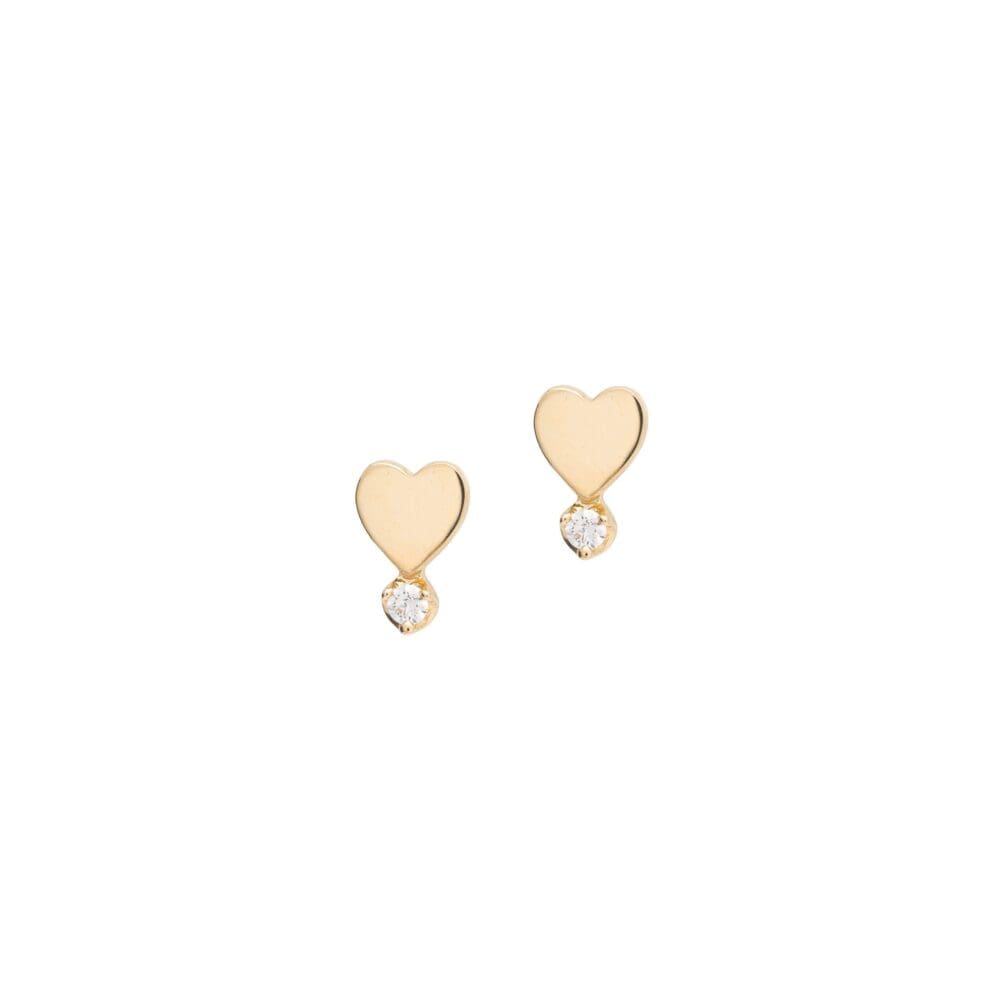 Small Flat Heart + Round Bezel Diamond Stud Earrings Yellow Gold