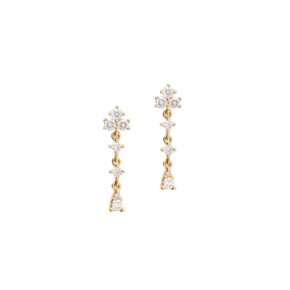 Triple Diamond Cluster + Multi Diamond Drop Link Dangle Earrings Yellow Gold