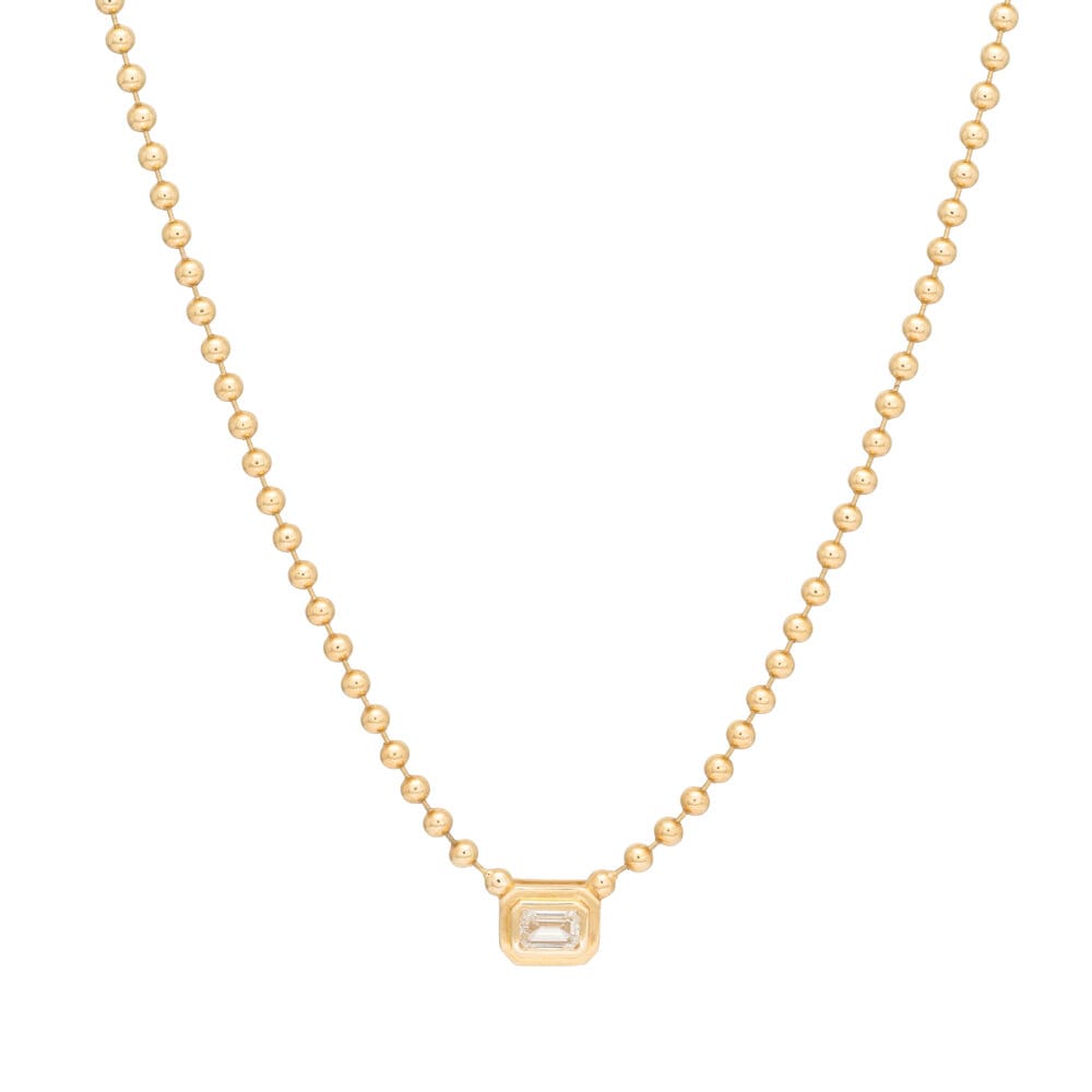Emerald Cut Diamond on Gold Ball Chain Necklace Yellow Gold