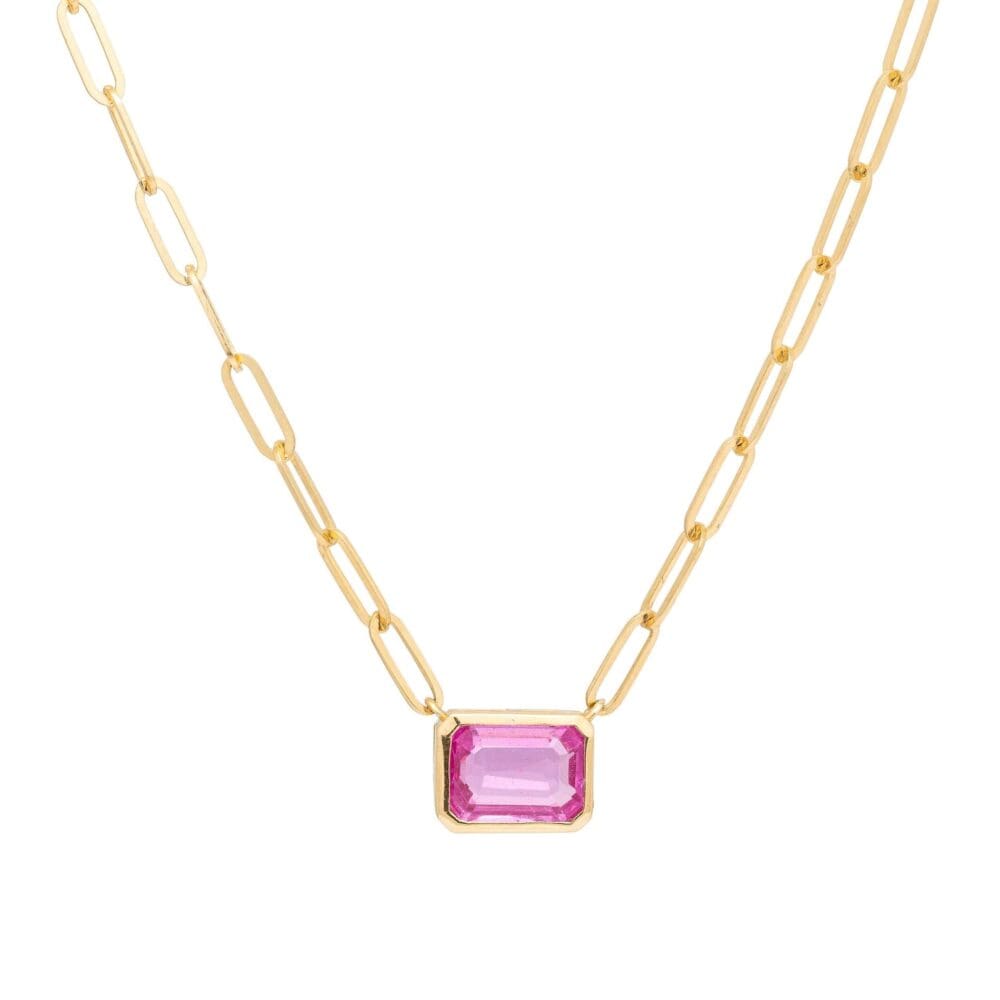 Pink Sapphire Pendant + Mini Link Chain Necklace Yellow Gold