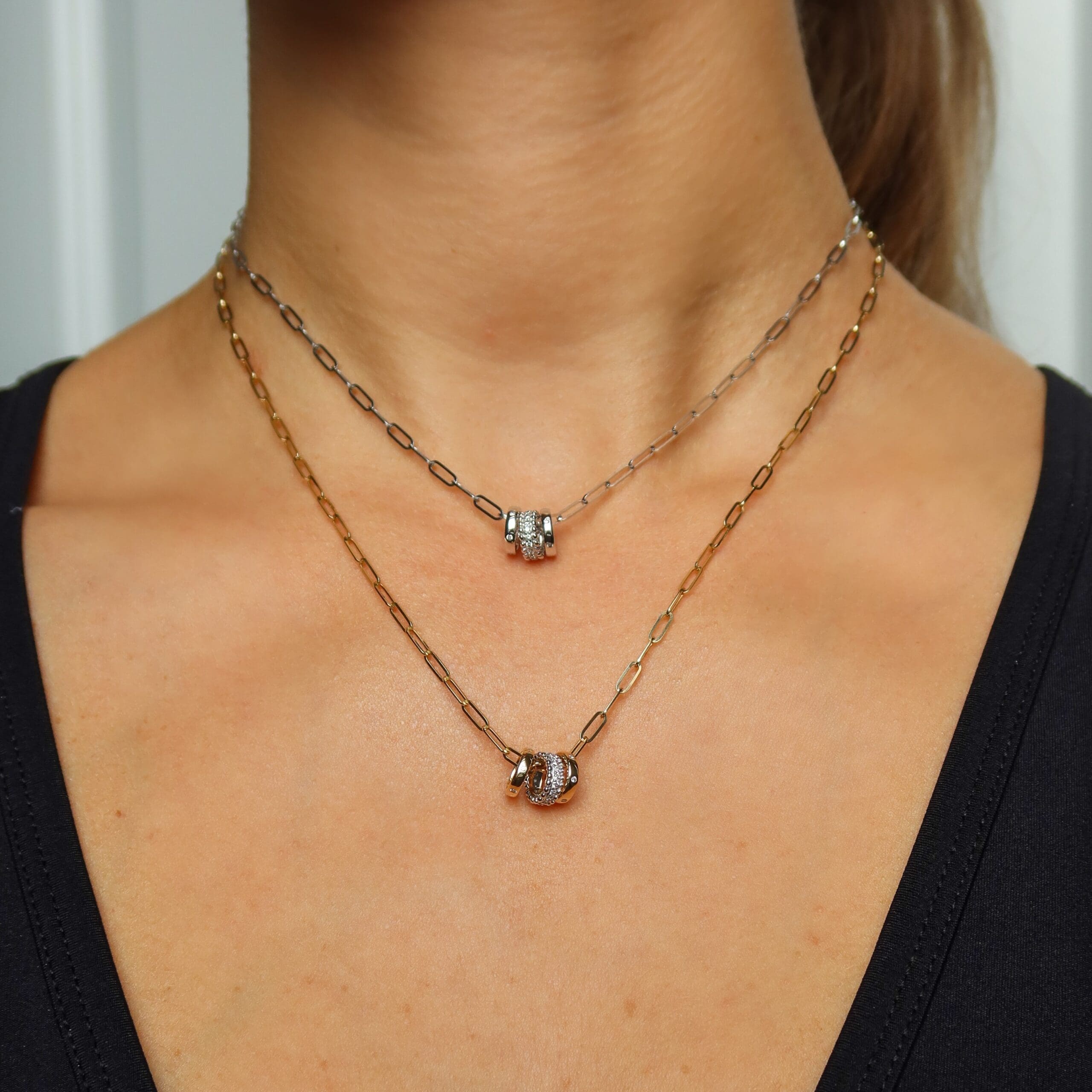 Three Diamond Rondel Mini Paperclip Chain Necklace