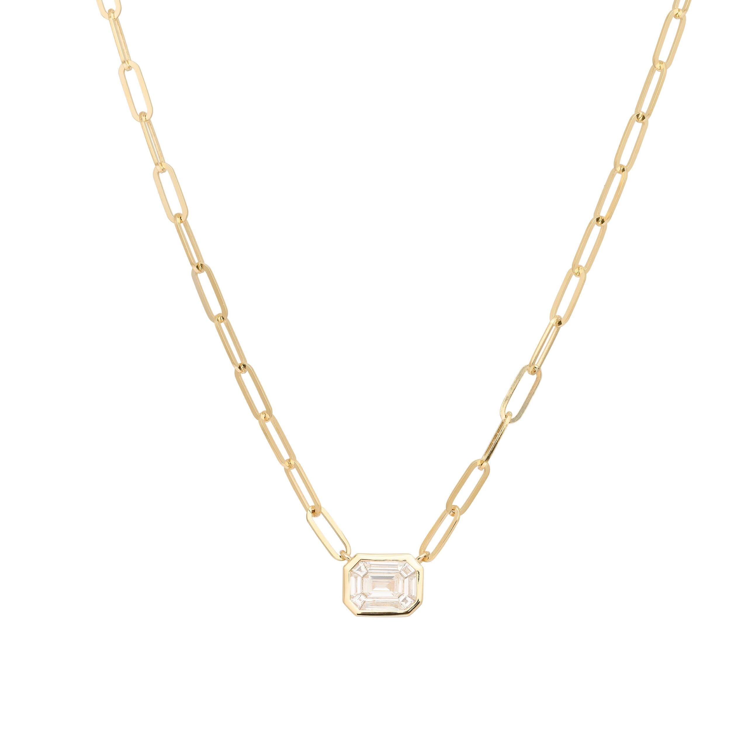 Illusion Cut Diamond Pendant + Mini Link Chain Necklace Yellow Gold