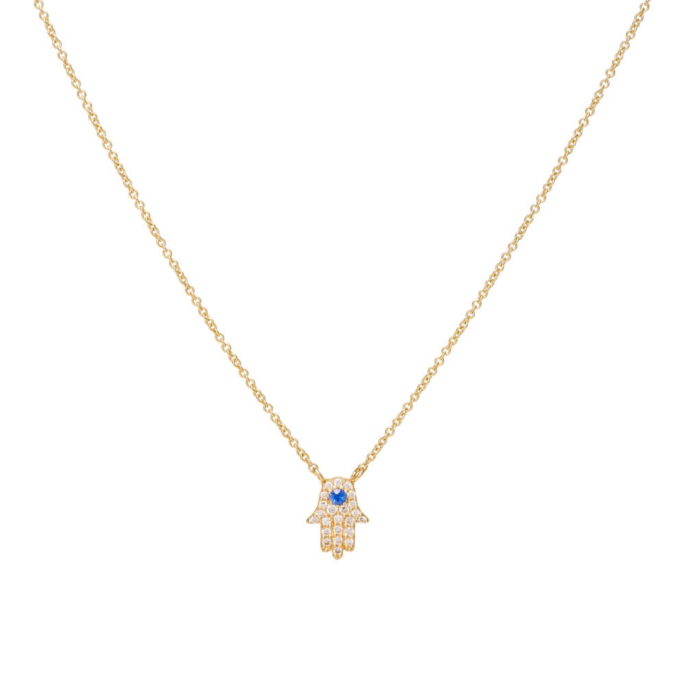Diamond Sapphire Hamsa Necklace Yellow Gold